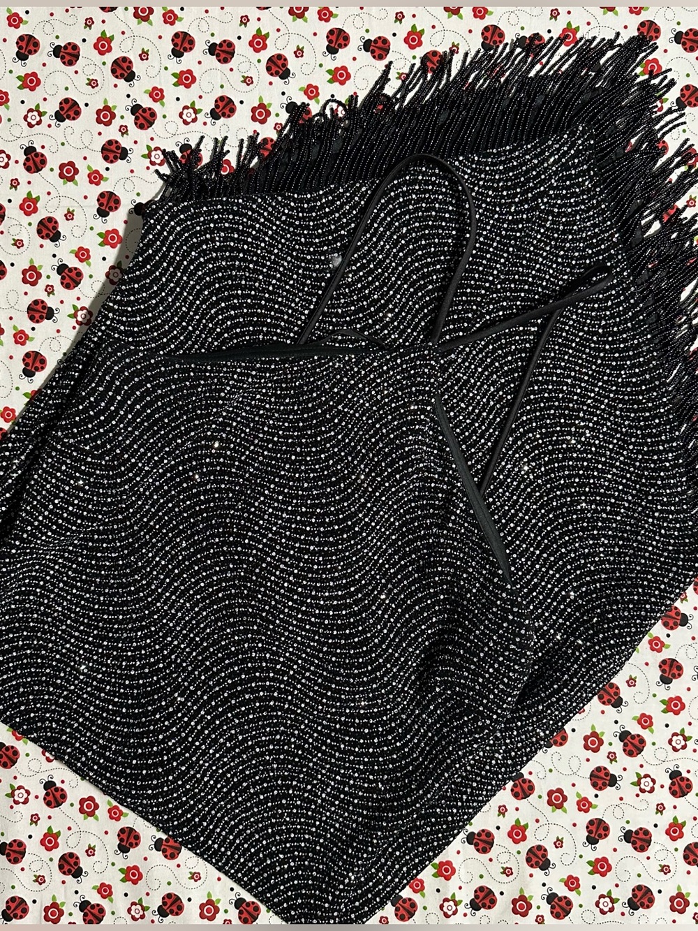 Vintage Cache Rhinestone Halter Dress Beaded Fringe Hem Made in USA Size 8